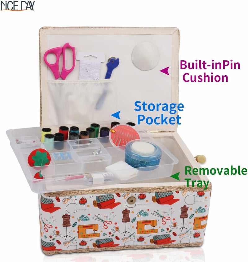 Nice Day Sewing Basket, Classic Fabric Design Sewing Kit Accessories Large Sewing Box Sewing Supplies Organizer and Storage Portable Sewing Kit Embroidery Box, 12.2 x 9.06 x 6.69 in（Big/Sewing Theme White） - Image 3